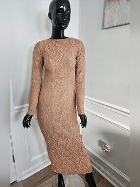BOOHOO Long Sleeve Knit Midi Dress in Tan